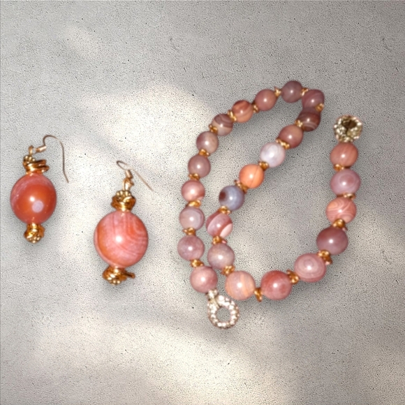 Vintage Jewelry - Banded agate set bead necklace pave crystal clasp matching gemstone earrings